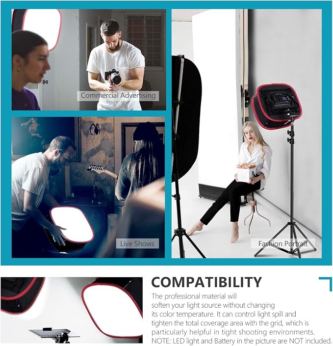 NEEWER Foldable Softbox Light Box with Strap Clip, Grill and Carry Bag | Compatible with NEEWER 480/660/530 LED Light Panels, Opening 9.3 x 8.3 in, Black + Red