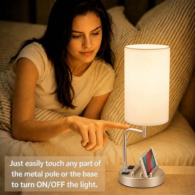 Dreamholder Touch Control USB Table Lamp with USB C/A & AC Outlet, 3-Way Dimmable Bedside Lamp, Modern Nightstand Lamps for Bedroom Living Room Guest Room Office, Bulb Included, Silver