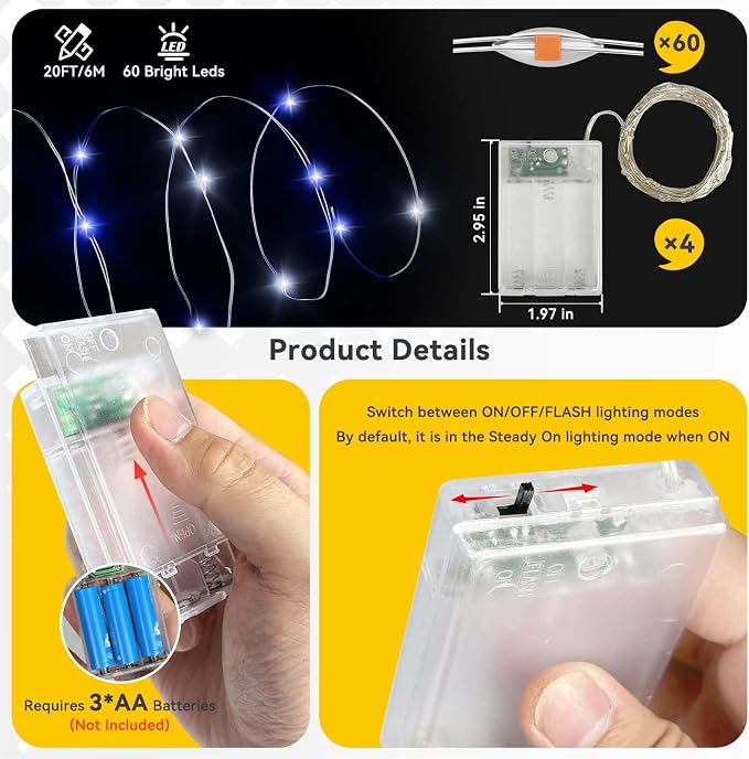 LitHome 4 Pack Christmas Fairy Lights Battery Operated Each 20FT 60 LED | Twinkle Lights with 2 Modes Indoor Outdoor, Waterproof Led Fairy Lights for Party Wreath Garland Table Decor, Blue & White