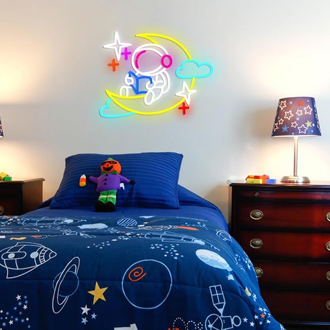 Astronaut Read Books Neon Sign Dimmable Reading on Moon Neon LED Light Spaceman Learning Light Sign for Wall Decor Bedroom Office Classroom
