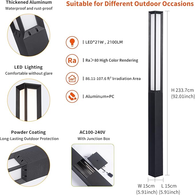 Landscape Path Lights, 92" Tall Outdoor Pathway Bollard Light Waterproof, Driveway Pole Lamp 3000K LED Yard Walkway Lighting, Modern Patio Lantern AC100-240V Wired Fixture for Lawn Commercial