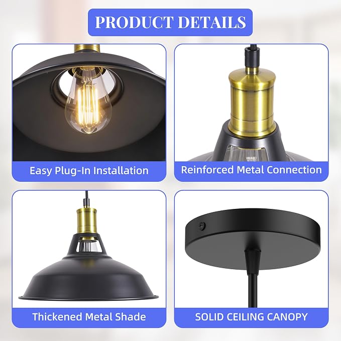 Pendant Lighting, Farmhouse Hanging Light Fixture for Kitchen Island & Dining Room, Industrial Vintage Ceiling Lamp with E26 Base, Adjustable Height, Black & Gold, 1-Pack