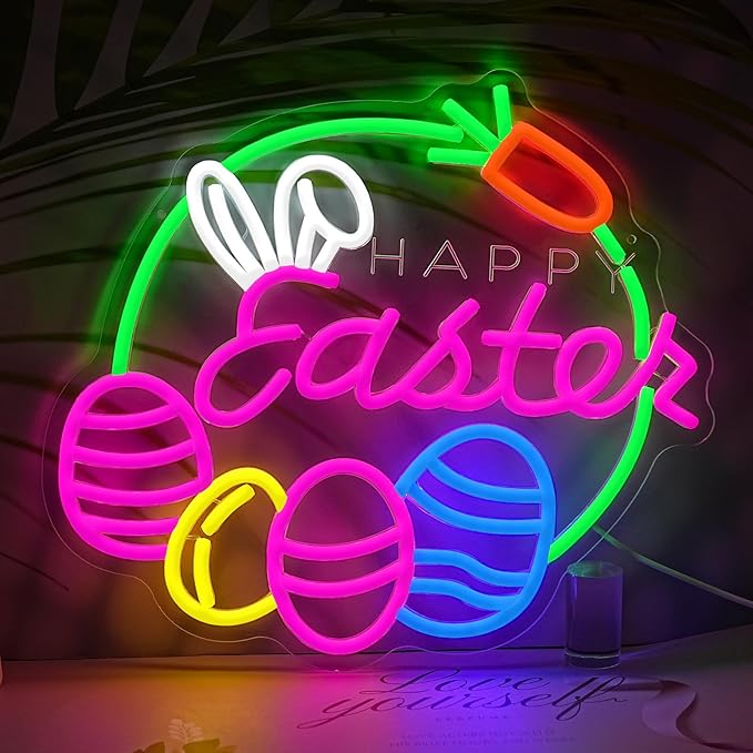 LISIGNVE Easter Neon Sign for Wall Decor Happy Easter Neon Lights with Cute Bunny Eggs LED Rabbit Carrot Light Signs for Bedroom Party Home Bar