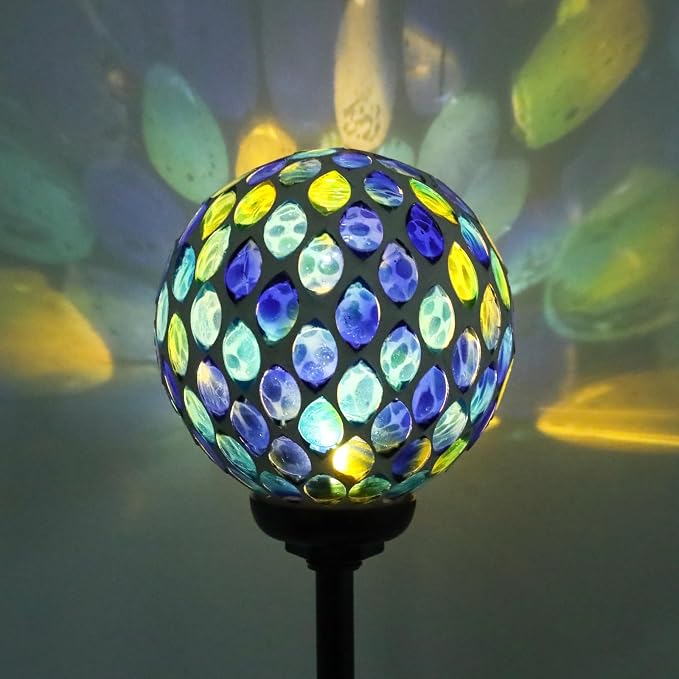 VCUTEKA Decorative Solar Garden Lights, 3.5" Mosaic Globe Outdoor Stake | Mosaic Glass Globe Design, Solar LED Light, Waterproof Design, Auto On/Off and Metal Stake Design for Lawn and Patio