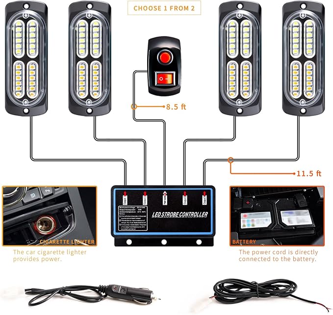 BooYu 4-pcs Sync Feature LED Emergency Strobe Lights Ultra Slim Grille Surface Mount Flashing Warning Hazard Light Bar w/Controller for Police, Firefighter, Trucks, Vehicles, Car (White/Green)
