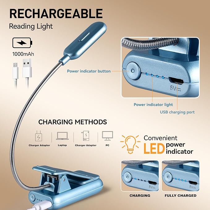 VAVOFO Rechargeable Reading Light, 7 LEDs with 9 Color Temperature 9 Brightness Levels Clip On Book Light for Reading in Bed with Power Indicator for Bookworms (Silver Blue)