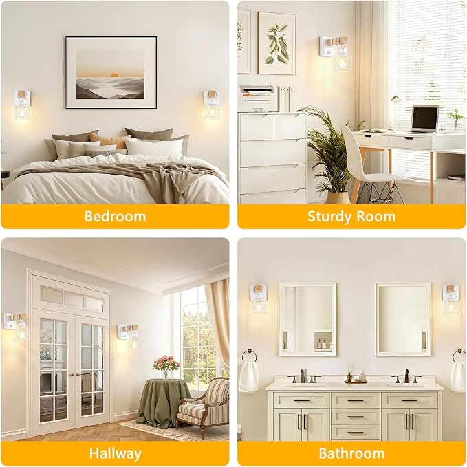 FadimiKoo Wall Sconces Set of Two, Farmhouse Hardwired White Wall Lamps with Wooden Arm & On/Off Dimmable Switch, Modern Bathroom Light Fixtures with Metal Shade for Living Room, Hallway, Bedroom