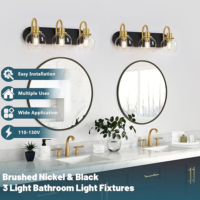Modern 3-Light Vanity Light, Bathroom Lighting Fixture Over Mirror With Clear Glass Shade and Metal Base, Wall Sconces in Matte Black and Gold
