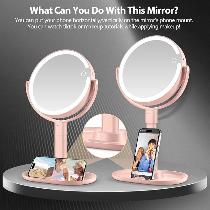 MIYADIVA Makeup Mirror with Lights, 30X Magnifying Mirror with Light and Touch Switch, Vanity Mirror with 3 Color Light and 80 LEDs, Height Adjustable Desk Mirror with Light, Pink