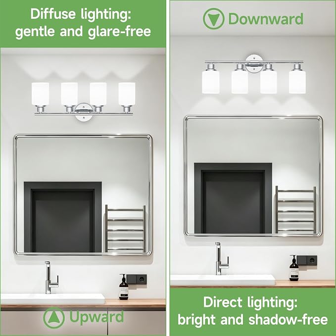 4-Light Chrome Vanity Lights for Mirror, Bathroom Light Fixtures with Textured Milky White Glass Shade, Modern Kitchen Light Fixtures Wall Sconce Light