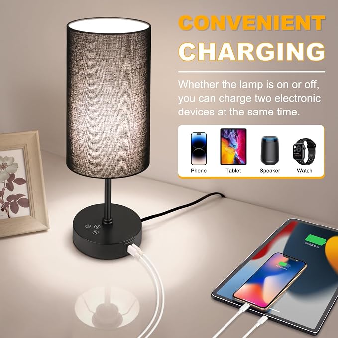 Table Lamp with 3 CCT (3000K/4500K/6500K), Stepless Dimmable Bedside Lamp with 7 Color Changing, Modern Nightstand Light with Black Shade for Bedroom, Kids Room, Home, Office