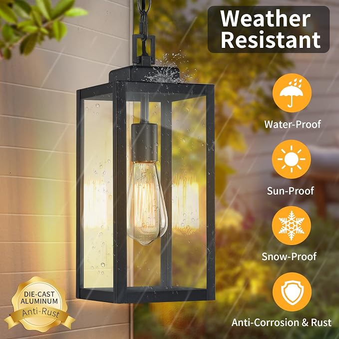 15'' Outdoor Pendant Light, Outside Chandelier Hanging Lantern, Black | Large, with Clear Glass, 1 Pack, Modern Exterior Pendant Lighting Fixture Ceiling Mount for Porch, Entryway