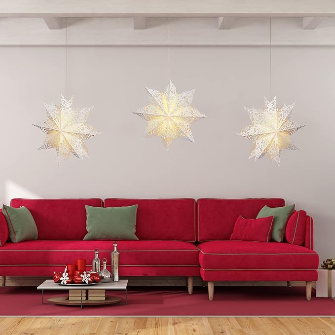 Mudder 23.6 Inch Christmas Paper Snowflakes Star Lantern with Light Parol Lantern Filipino Party Supplies Hanging Decoration for Weddings Christmas Trees Birthday Holiday Party Celebration