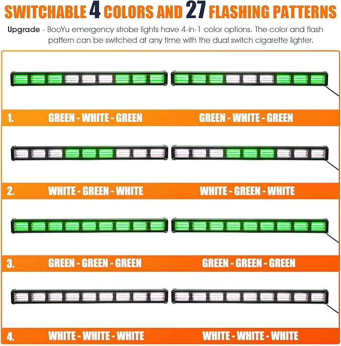 BooYu [Upgraded Switchable 4 Colors Emergency Strobe Traffic Advisor Light Bar 162 LED Windshield 2 in 1 Visor Safety Warning Hazard Flashing Lights for Firefighter Police Truck Vehicle (Green/White)