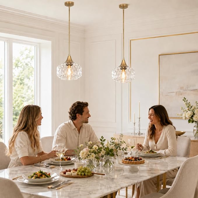 DSMJFU Gold Kitchen Island Pendant Lights with Hammered Glass for Island | 2-in-1 pendant & ceiling light; height adjustable; 90° rotation; adaptable different ceiling types;above kitchen sink light