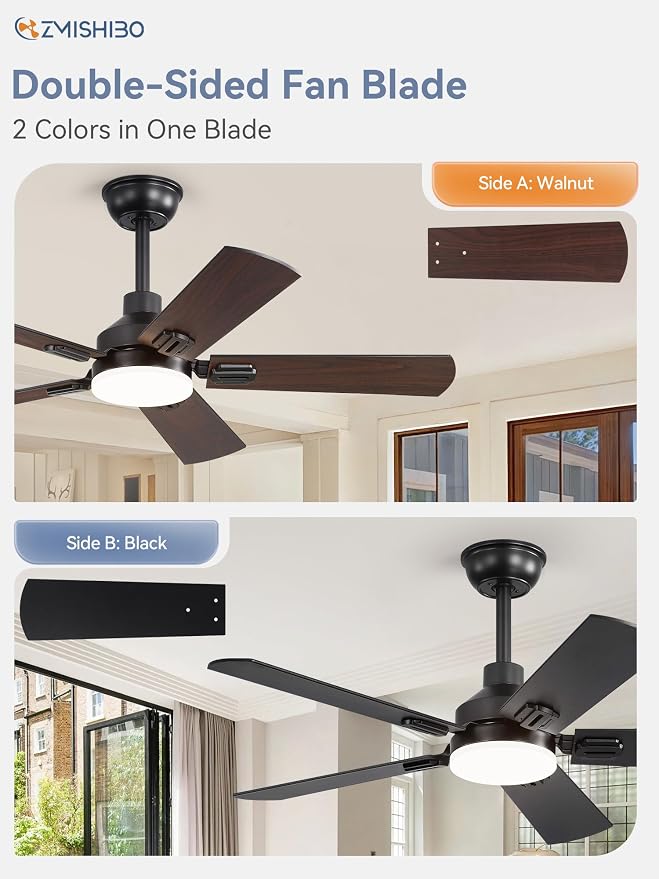 ZMISHIBO 44" Ceiling Fans with Lights and Remote, Black Modern for Indoor | Small Size, 3CCT, Downrod Mount, Farmhouse Dual Finish Blades, Quiet&Strong Motor, Memory Function for Bedroom, Living Room