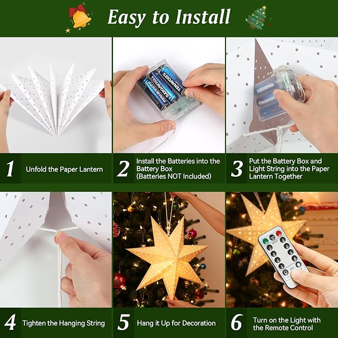 Lewondr Christmas Paper Star Lantern 3 Pack, Hanging 7-Pointed Star Lights with Hollowed Dots, LED Paper Lanterns with 6H Timer for Holiday Home Decoration, with Remote Control, Warm Light