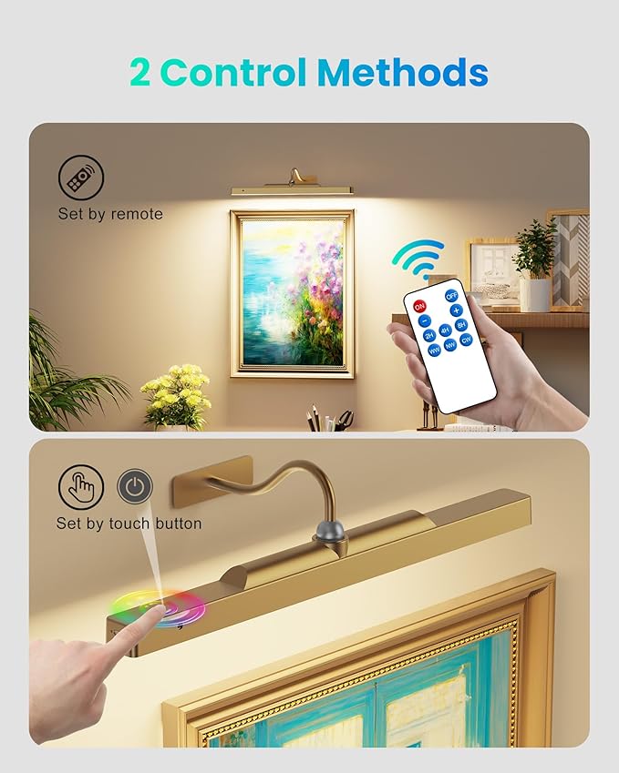 Wireless Picture Light Battery Operated, 16in Picture Light for Wal, 2Pack Rechargeable 5000mAh Battery Wall Sconce for Wall Pictures, Gallery Artwork, Paintings, Portraits, Dartboards_Antique Gold