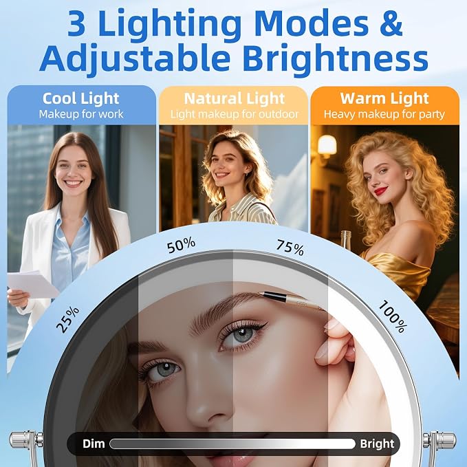 9"Wall Mounted Makeup Mirror with Lights,5000mAh Rechargeable 1X/30X | Lighted Magnifying Mirror,Double Sided Wall Mirror for bathroom,3Color Lighting,Touch Dimming, Extended Arm 360 Rotation