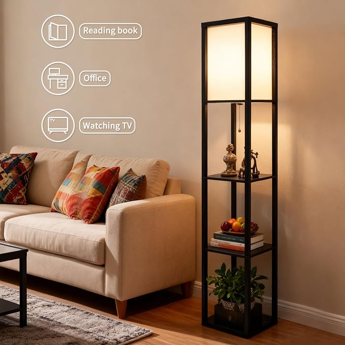 Floor Lamp with Shelves, Modern Square Shelf Lamp for Living Room, Corner Standing Lamp with Shelves for Bedroom, Office, Display Shelves with Light, Home Decor