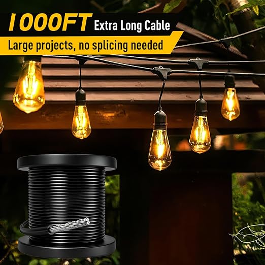 Vinyl Coated Wire Rope 304 Stainless Steel Coated Wire Cable-Black, 1/16" OD to 3/32" x 1000FT, with 300 Pcs Crimping Sleeves-Cable for String Lights, Suitable for Clotheslines