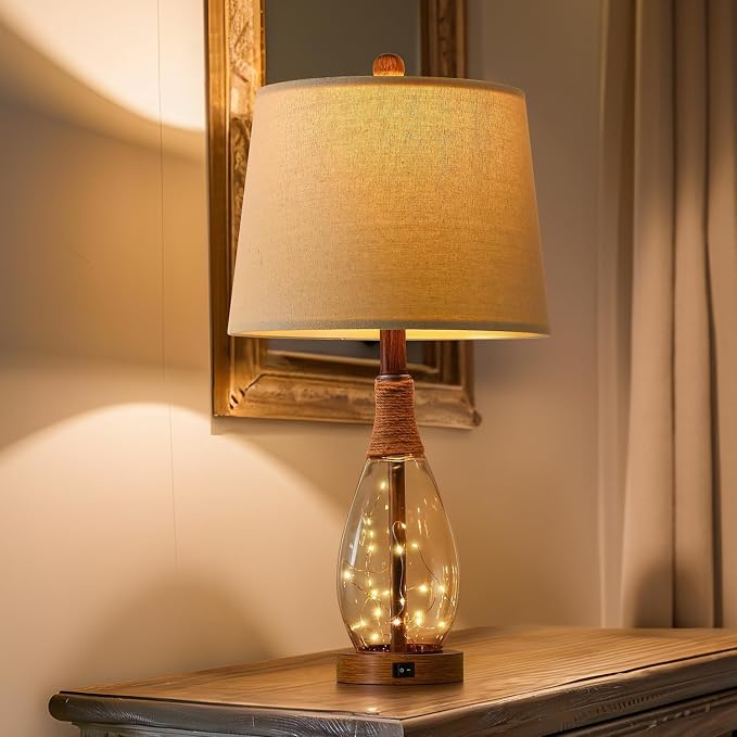 23" USB A+C Table Lamp for Bedroom Living Room Modern Bedside Lamps Retro Farmhouse Rattan Glass Nightstand Nightlight Lamps,Two Light Points