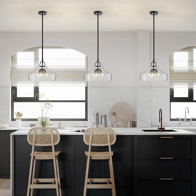 WUZUPS Chandelier Rustic Farmhouse Industrial Round Ceiling Pendant LED Light Fixture with Clear Glass Shades for Dining Room Kitchen Island Foyer Entryway, H 11.8" W 15", E26 Base, Brushed Nickel