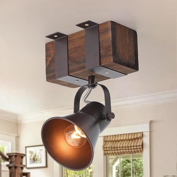 Rustic Ceiling Light, 1 Light Semi Flush Mount Ceiling Light, Farmhouse Wooden Spotlight Ceiling Light with Adjustable Head for Kitchen Sink Hallway Entryway Bedroom