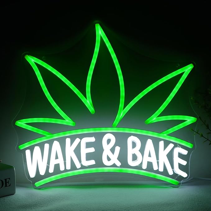Wake & Bake Neon Signs Green Weed Leaf LED Neon for Bar Decor,Dimmable Wake and Leaf Neon Lights Men Cave Bedroom Living Room Gifts for Christmas Birthday(Green, Wake)