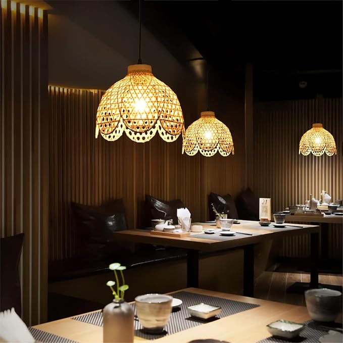 3-Pack Bamboo Pendant Light Mini Rattan Chandelier | 10.6" Boho Bamboo Rattan Pendant Lights,Hand Woven Rattan Chandelier for Kitchen Island Dining Bedroom Living Room