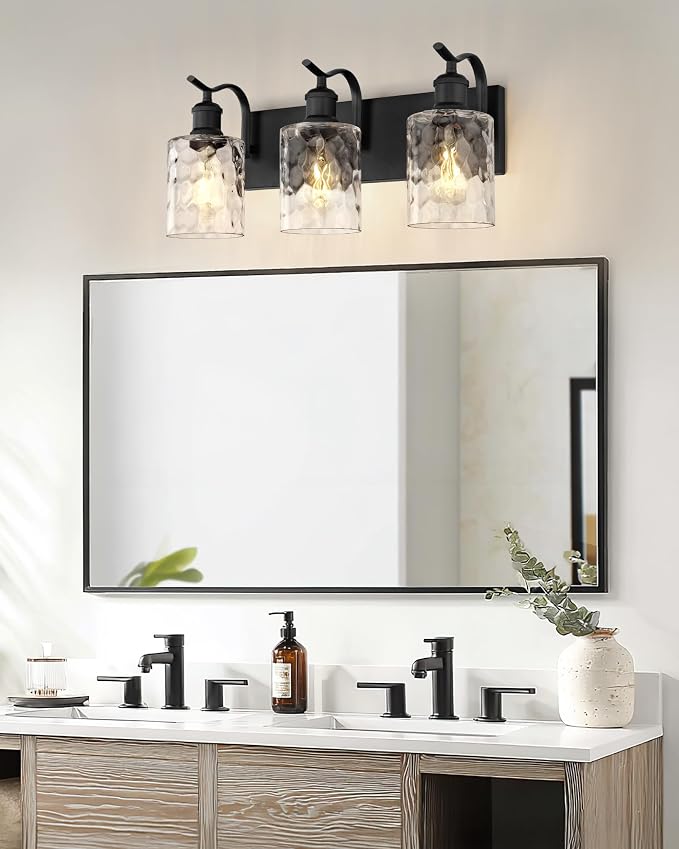3-Light 20 Inch Bathroom Vanity Light,Hammered Glass,Black | Over Mirror Wall Light,E26 sockets,for bathroom mirror,powder room,dressing area,wall-mounted vanity lighting