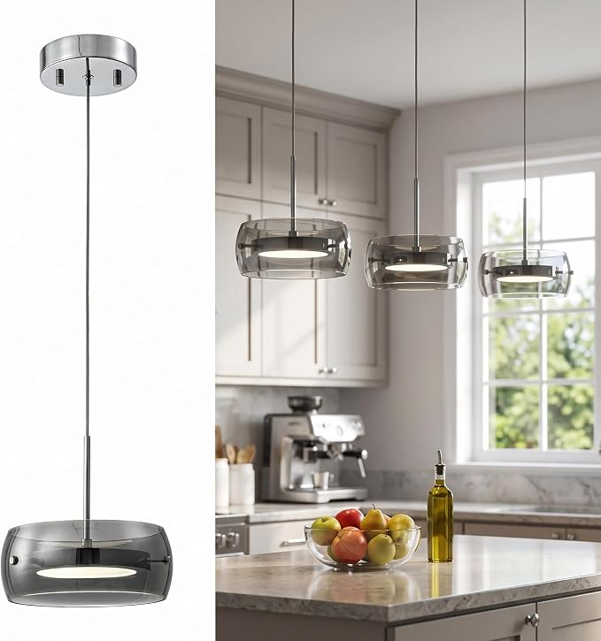 3-Modern Pendant Lights Kitchen Island, Dual-Sided LED 3-CCT Dimmable Smoked Glass Hanging Lighting Fixture, Adjustable Cable for Dining Room, Bar, Over Table, Sloped Ceiling Chrome Silver