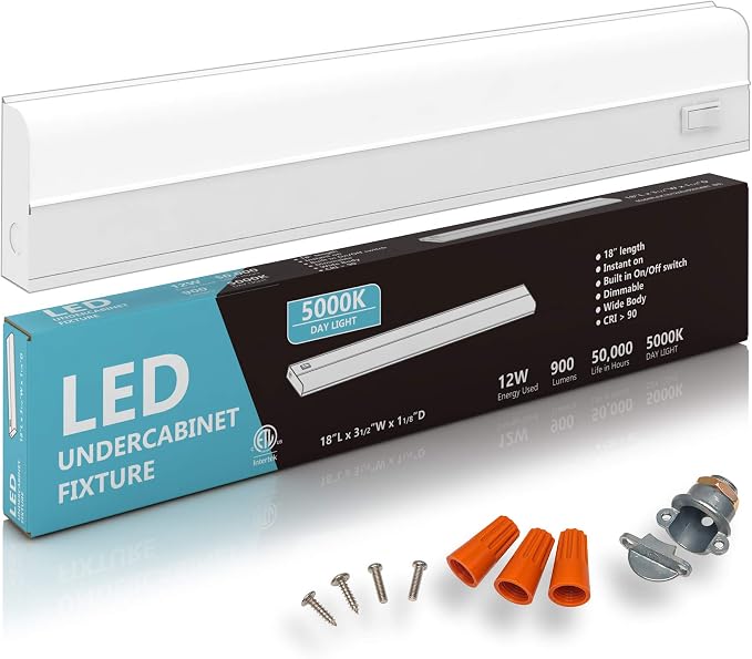Hardwired LED Under Cabinet Task Lighting - 12 Watt, 18", Dimmable, CRI>90, 5000K (Day Light), Wide Body, Long Lasting Metal Base with Frost Lens