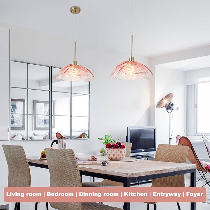 Pink Hammered Glass Pendant Light - 14" Large Vintage Pendant Light, Modern Industrial Farmhouse Hanging Lamp Ceiling Lighting Fixture for Island Dining Room Foyer Hallway Bar Cafe Kitchen Sink
