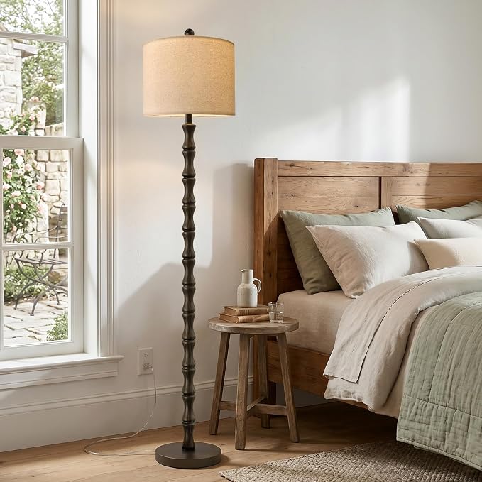 62" Farmhouse Floor Lamp for Living Room, Rustic Standing Lamp with Linen Shade and Rotary Switch, Resin Corner Floor Lamp for Bedroom, Dining Room, Office, Home Decor, Dark Brown