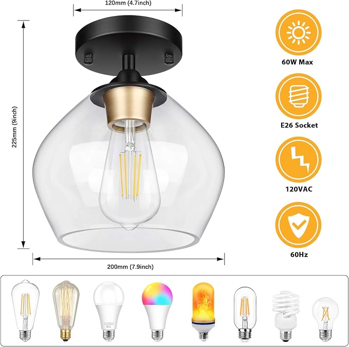 Modern Semi Flush Mount Ceiling Light with Clear Glass Shade, Black | Quick & Easy Installation, Premium Quality, Gold Accent, Perfect for Hallway Kitchen Entryway Laundry