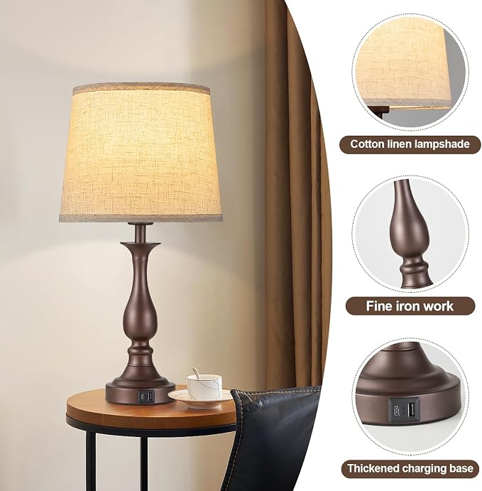 Bedside Table Lamp Touch Control Bedroom Lamps with USB A + C Charging Port 3 Way Dimmable Touch Lamps for Nightstand Living Room Bedroom Dorm Home Office Reading, Set of 2 (Beige Shade & Brown Base)