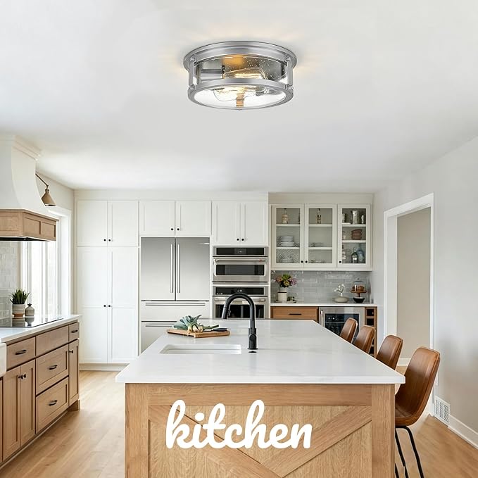 2-Light Brushed Nickel Flush Mount Ceiling Light Fixtures | Seeded Glass, 12 inch Minimalist Close to Ceiling Lighting, For Hallway, Kitchen, Entryway, Bedroom