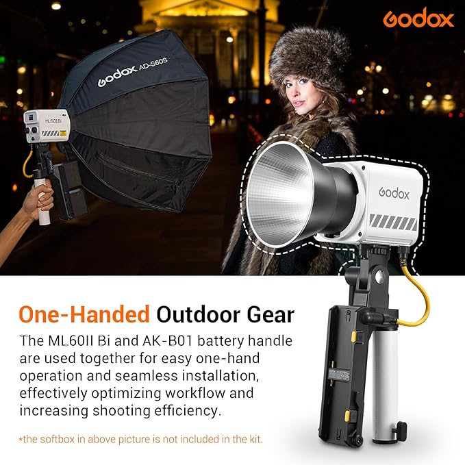 Godox ML60IIBi Bi-Color LED Video Light,70W Portable COB Continuous Output Lighting 2800K-6500K CRI 96+/TLCI 97+,11 FX Effects, APP Control Ultra-Quiet Handheld LED Light with AK-B01 Battery Base