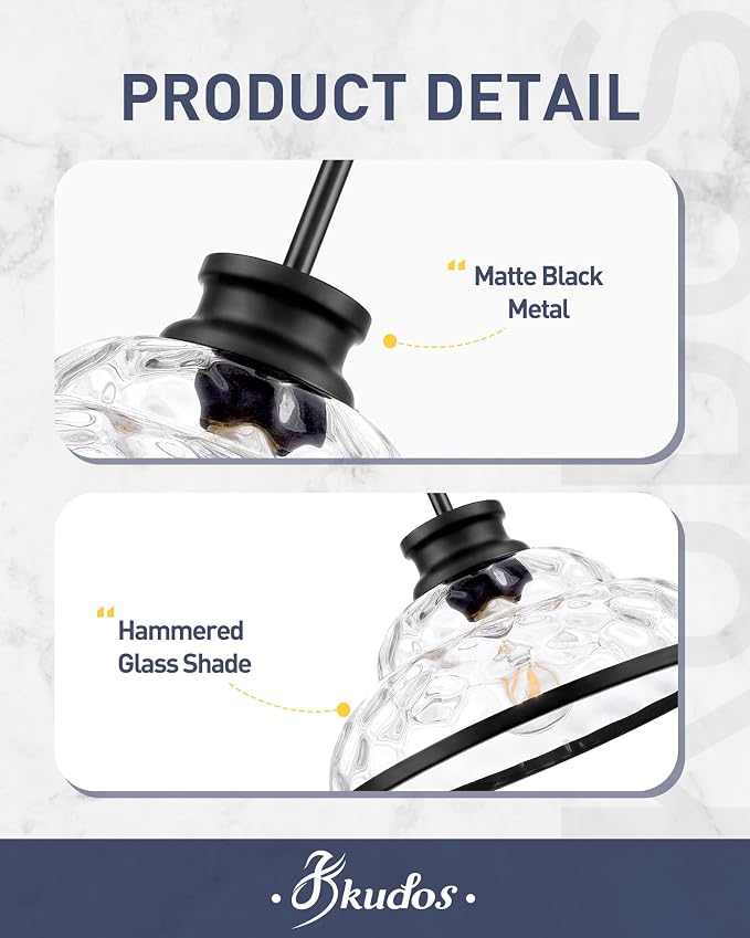 kudos 11 Inch Black Pendant Lights with Clear Hammered Glass, KDPL14-BK-H | E26 Bulb Base, Hardwired, Farmhouse Styling, Adjustable Hanging Rods for Flat or Sloped Ceilings, for Kitchen Bars