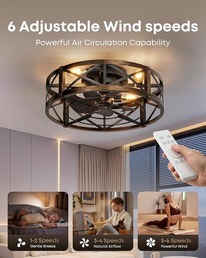 Caged Ceiling Fan with Light and Remote, 20" Low Profile Flush Mount Ceiling Fans with Light, 6 Speed, Timing, Reversible DC Motor, Small Farmhouse Fan Lights for Bedroon Kitchen Living Dining Room