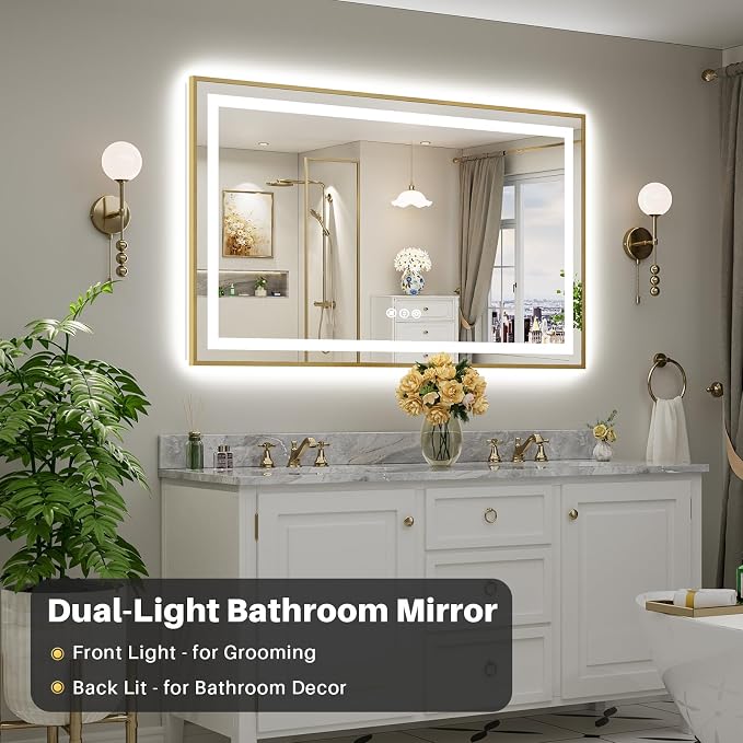 60x36 Inch LED Bathroom Mirror with Gold Frame, Backlit & Front Lit | Anti-fog, 3 Color Dimmable, Memory Function, HD Reflection Tempered Glass, ETL Listed, IP54 Waterproof