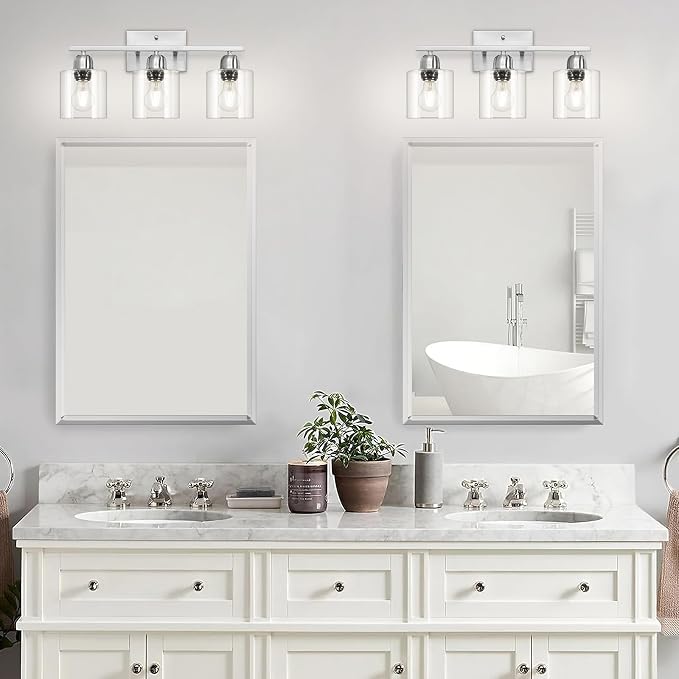 Modern Brushed Nickel 3 Light Bathroom Light Fixtures,19 inch Vanity Lights For Bathroom With Clear Glass, Bathroom Lighting Fixtures Over Mirror For Mirror Kitchen Living Room Hallway Cabinet Porch