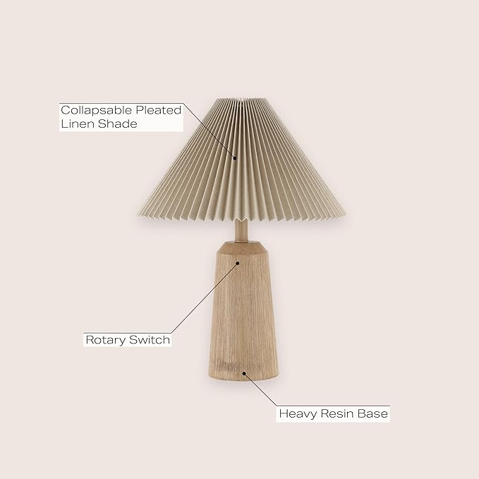 JONATHAN Y 20.5" Beige Wood Finish Rustic Scandinavian Lighthouse LED Table Lamp, Mid-Century Resin Bedside Light with Pleated Linen Shade, LED Bulb Included JYL1146A