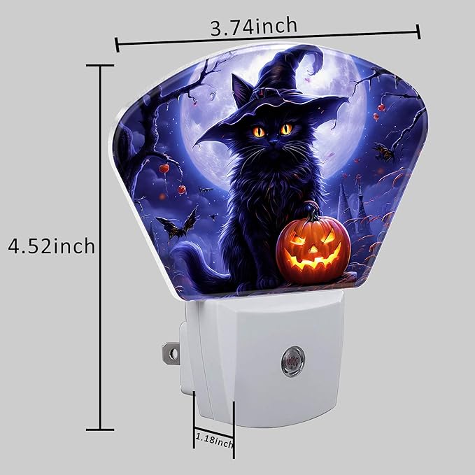 Black Cat with Witch Hat Night Light for Kids Girls Boys, Halloween Pumpkin LED Night Light Plug into Wall with Dusk to Dawn Sensor for Bedroom, Hallway, Kitchen, Bathroom, Stairs Decor