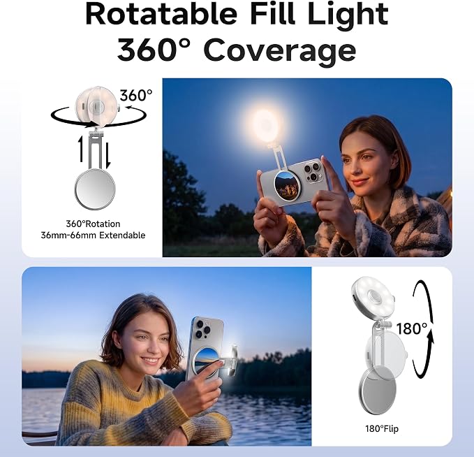 7RYMS 7Lite L1 Magnetic Selfie Light for MagSafe iPhone, LED Fill Light | CRI95 Lighting, 360° Rotation and Built-in Mirror. Magnetic Mount for Selfies, Video Call, Streaming and Photography (Silver)