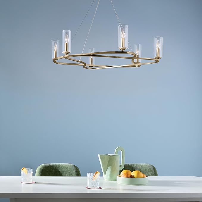 Kichler Harpin 6-Light Chandelier, Sloped Ceiling Compatible, for Dining Room or Kitchen with Clear Glass in Champagne Bronze (8.5" x 37.75"), 52771CPZ