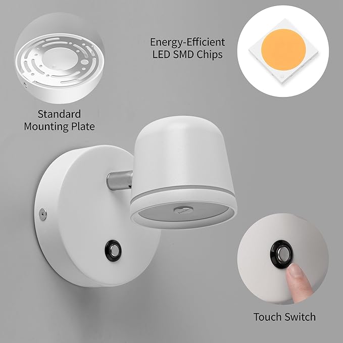Aisilan Wall Sconce, Hardwired Touch Dimmable Wall Light with 3 Color Temperatures, Adjustable 7W LED Wall Lamp CRI97, Modern White Aluminum Sconce for Bedroom Bedside Hallway