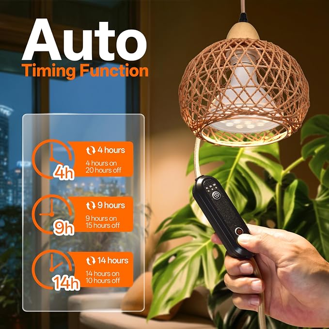 Hanging Grow Light for Indoor Plants 18W | Full Spectrum Plant Light, With 4H/9H/14H Timer, Boho Rattan Shade, 3800K Hanging Lights for Indoor Plants