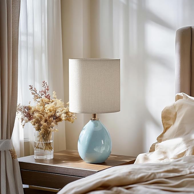 18.5" Table Lamp Set of 2 for Living Room Bedroom, Bedside Lamps for Night Stands, Desk Nightstand Lamp Dimmable, Modern Linen Cream Ceramic Lamps (Blue)